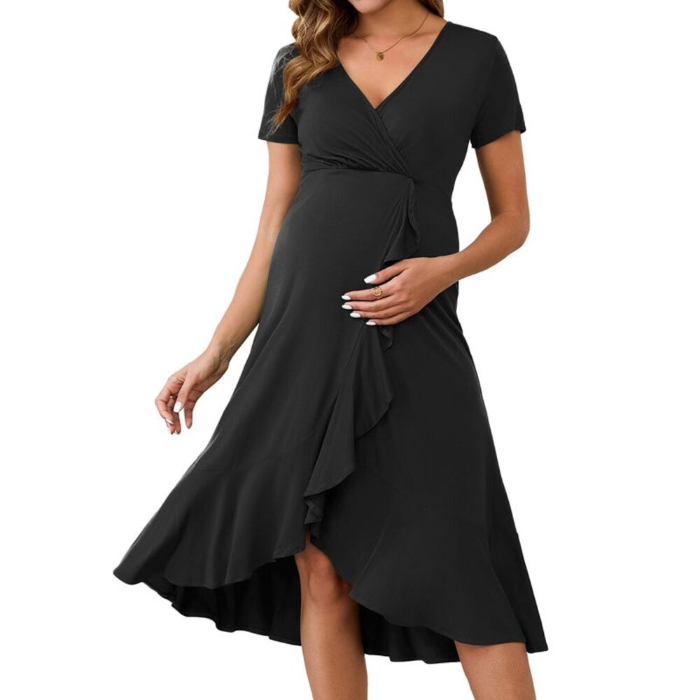 Maternity Nursing Wrap V Neck Pleated Ruffle Semi Formal Dress Black